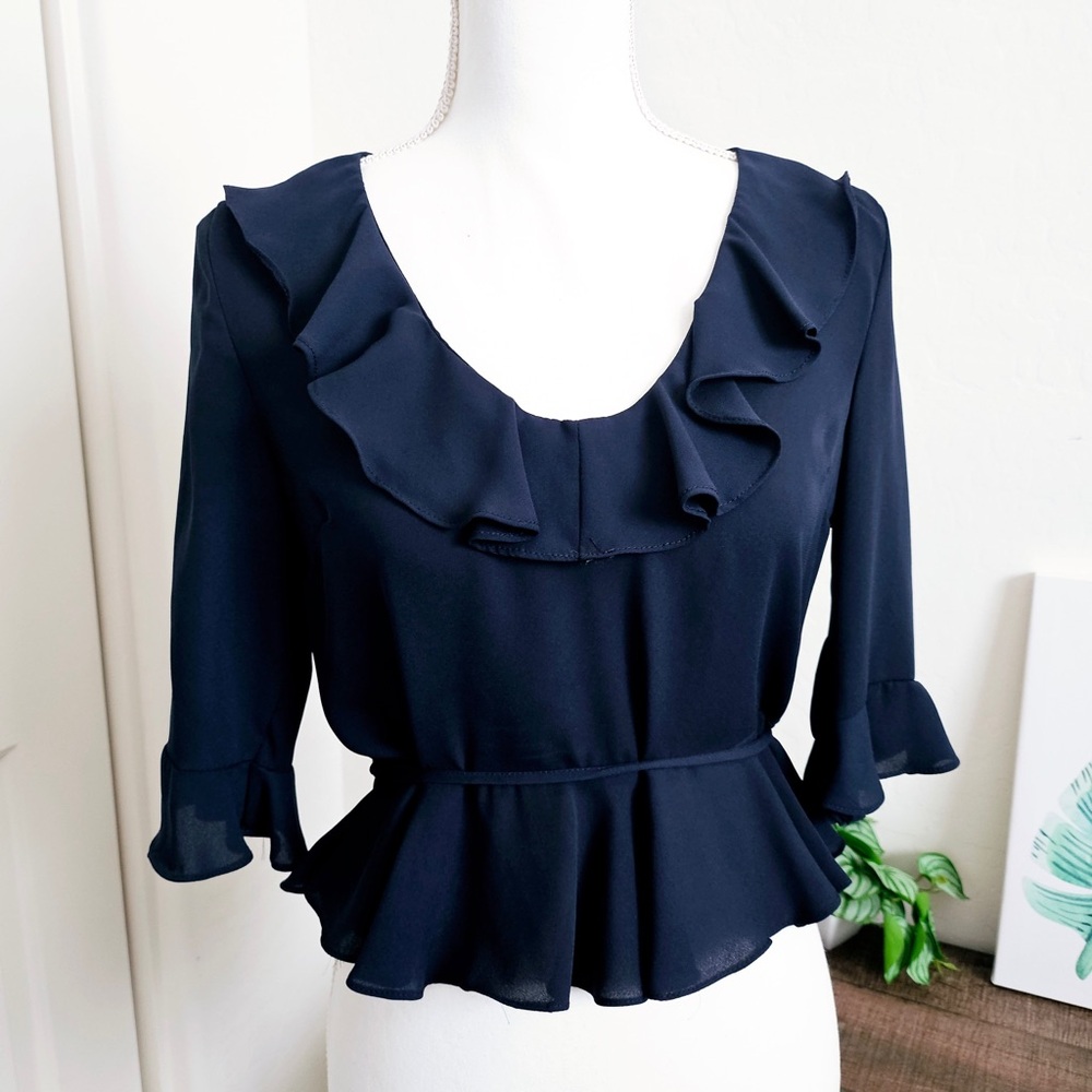 Topshop Navy Ruffle Peplum Blouse